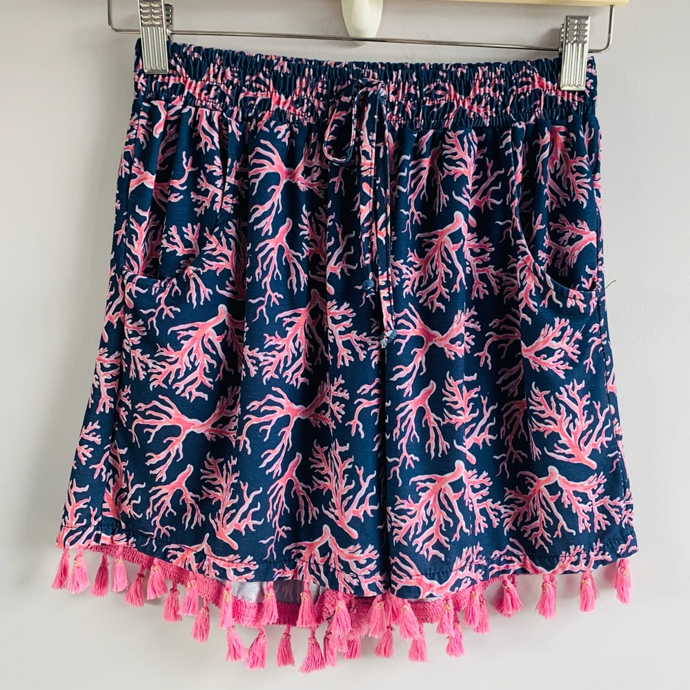 Simply Southern Shorts Navy Pink Coral Tassels Fun Vacation Beach Small Medium